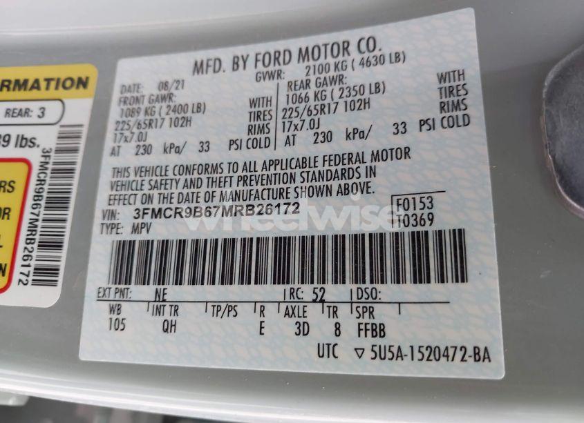 Photo 9 of 2021 Ford Bronco SPORT BIG BEND (VIN 3FMCR9B67MRB26172)