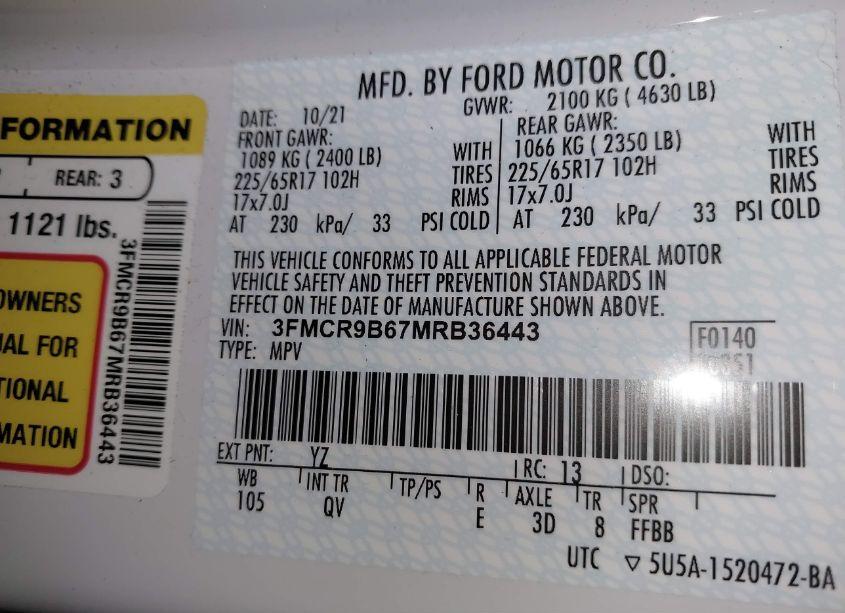 Photo 9 of 2021 Ford Bronco SPORT BIG BEND (VIN 3FMCR9B67MRB36443)