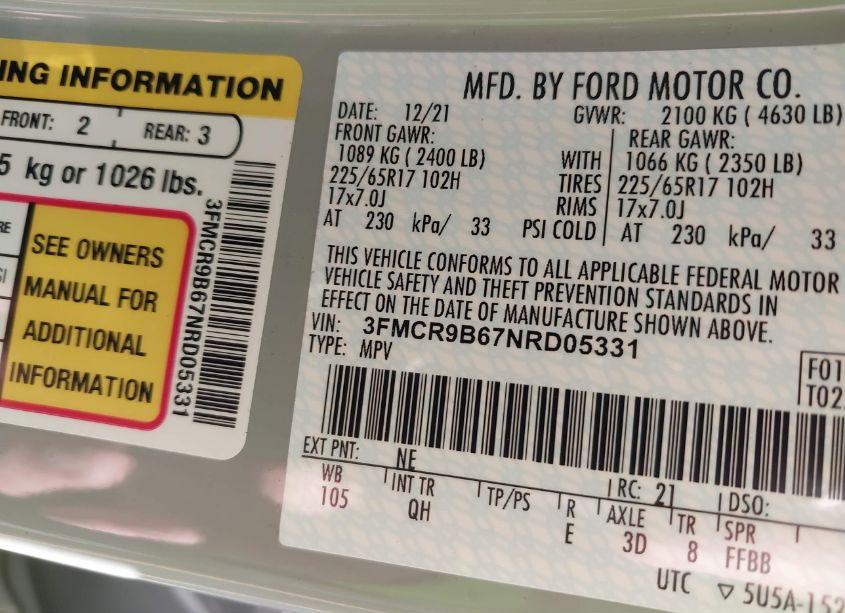 Photo 9 of 2022 Ford Bronco SPORT BIG BEND (VIN 3FMCR9B67NRD05331)