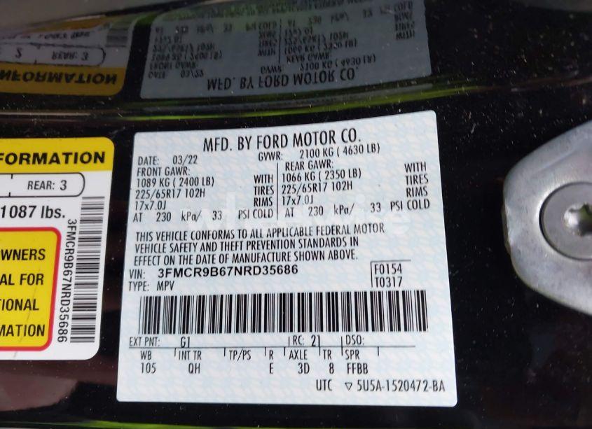 Photo 9 of 2022 Ford Bronco SPORT BIG BEND (VIN 3FMCR9B67NRD35686)