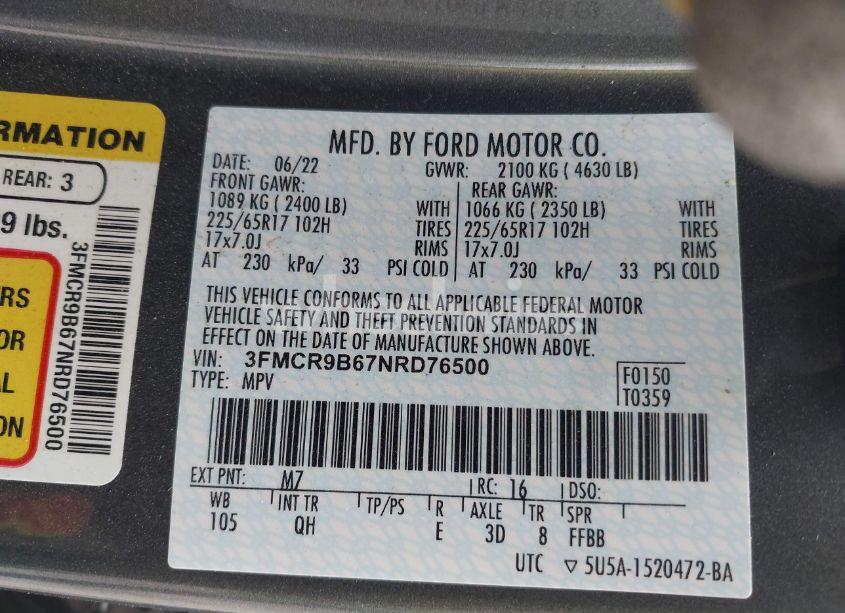 Photo 9 of 2022 Ford Bronco SPORT BIG BEND (VIN 3FMCR9B67NRD76500)