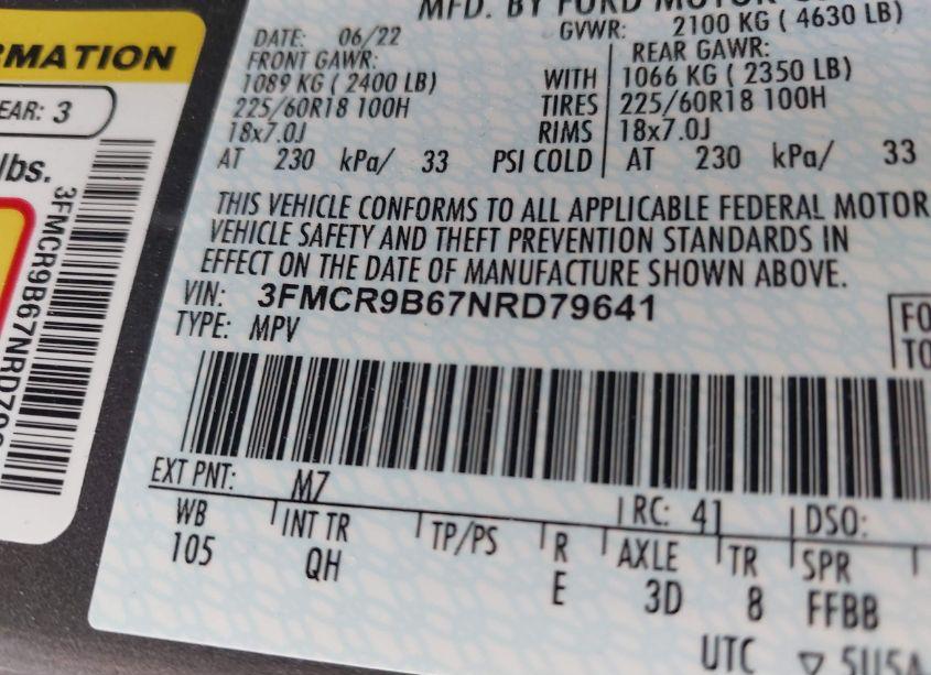 Photo 9 of 2022 Ford Bronco SPORT BIG BEND (VIN 3FMCR9B67NRD79641)