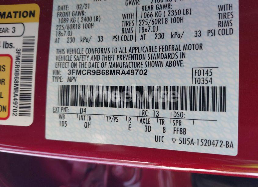 Photo 9 of 2021 Ford Bronco SPORT BIG BEND (VIN 3FMCR9B68MRA49702)