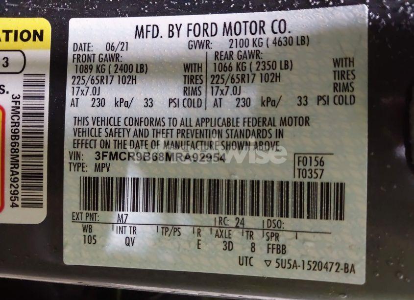 Photo 9 of 2021 Ford Bronco SPORT BIG BEND (VIN 3FMCR9B68MRA92954)