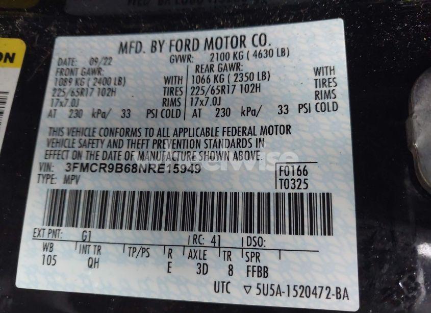 Photo 9 of 2022 Ford Bronco SPORT BIG BEND (VIN 3FMCR9B68NRE15949)