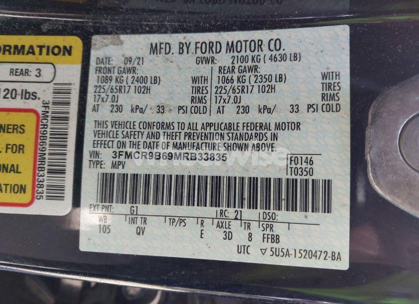 Photo 9 of 2021 Ford Bronco SPORT BIG BEND (VIN 3FMCR9B69MRB33835)