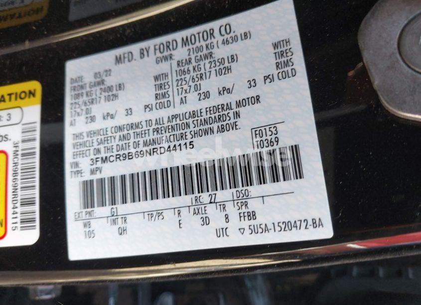 Photo 9 of 2022 Ford Bronco SPORT BIG BEND (VIN 3FMCR9B69NRD44115)