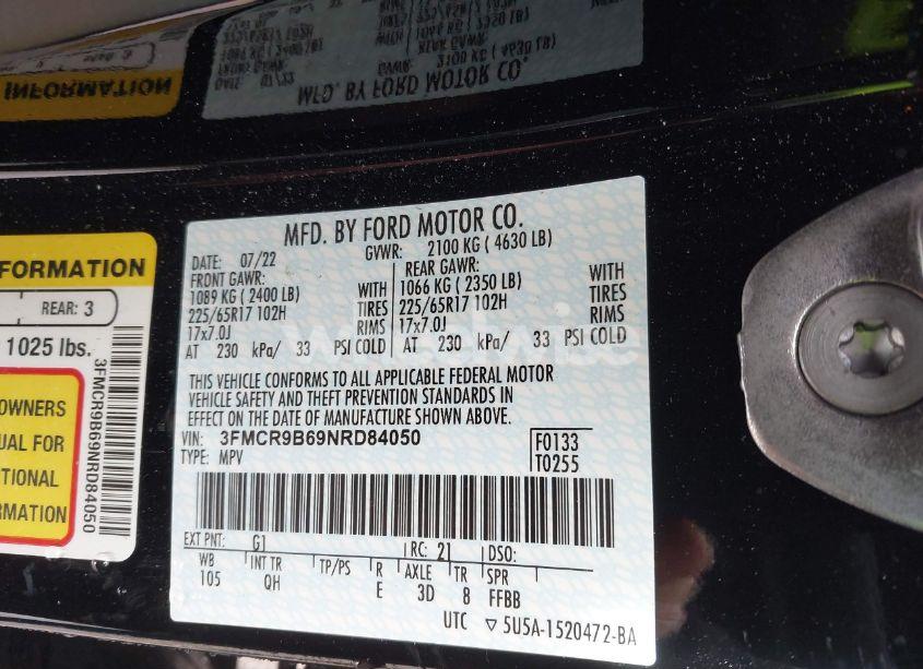 Photo 9 of 2022 Ford Bronco SPORT BIG BEND (VIN 3FMCR9B69NRD84050)