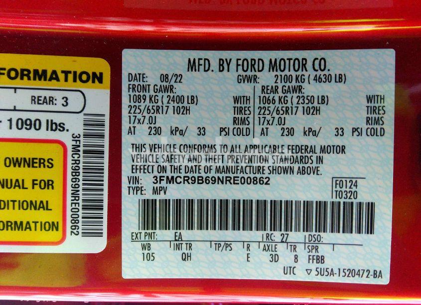 Photo 9 of 2022 Ford Bronco SPORT BIG BEND (VIN 3FMCR9B69NRE00862)