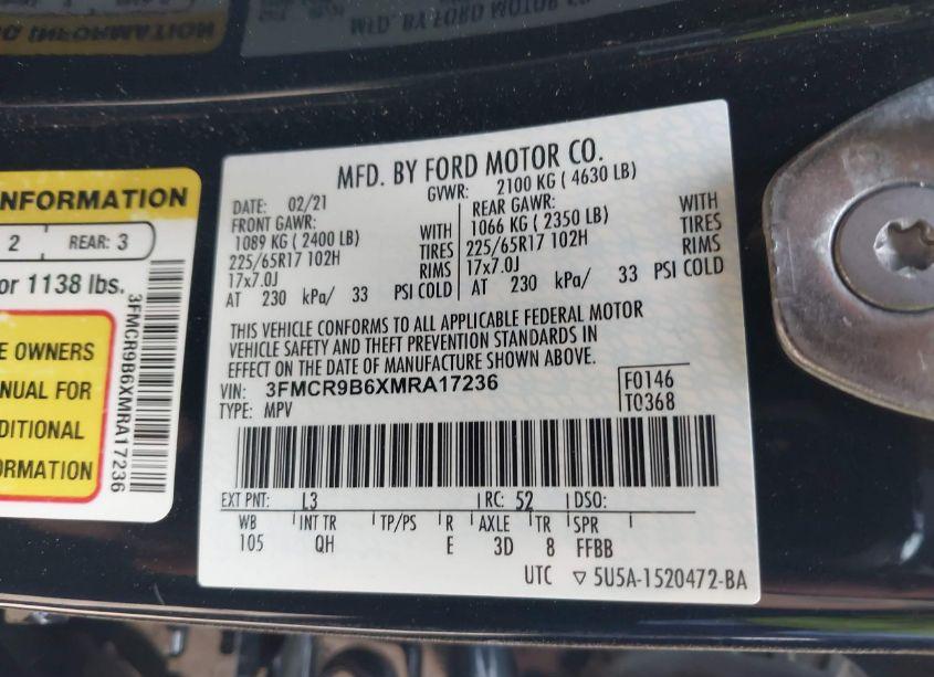 Photo 9 of 2021 Ford Bronco SPORT BIG BEND (VIN 3FMCR9B6XMRA17236)