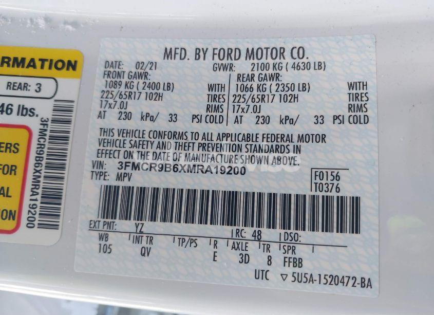 Photo 9 of 2021 Ford Bronco SPORT BIG BEND (VIN 3FMCR9B6XMRA19200)