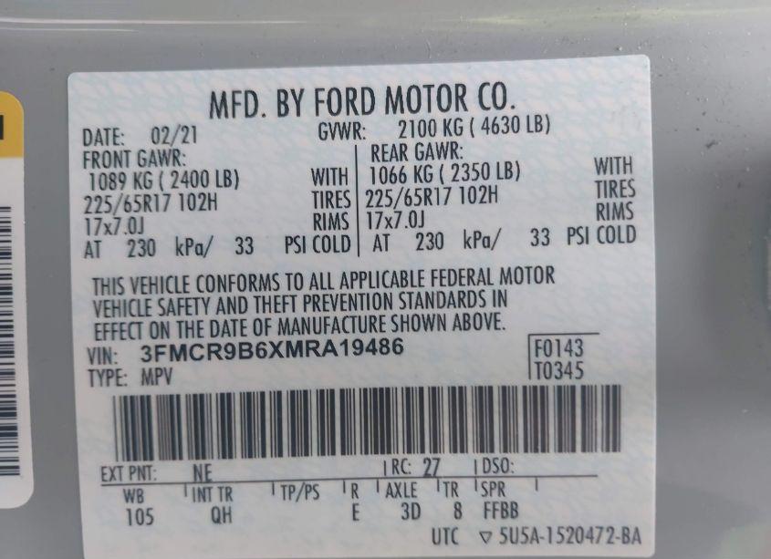 Photo 9 of 2021 Ford Bronco SPORT BIG BEND (VIN 3FMCR9B6XMRA19486)