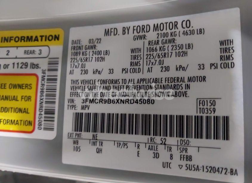 Photo 9 of 2022 Ford Bronco SPORT BIG BEND (VIN 3FMCR9B6XNRD45080)