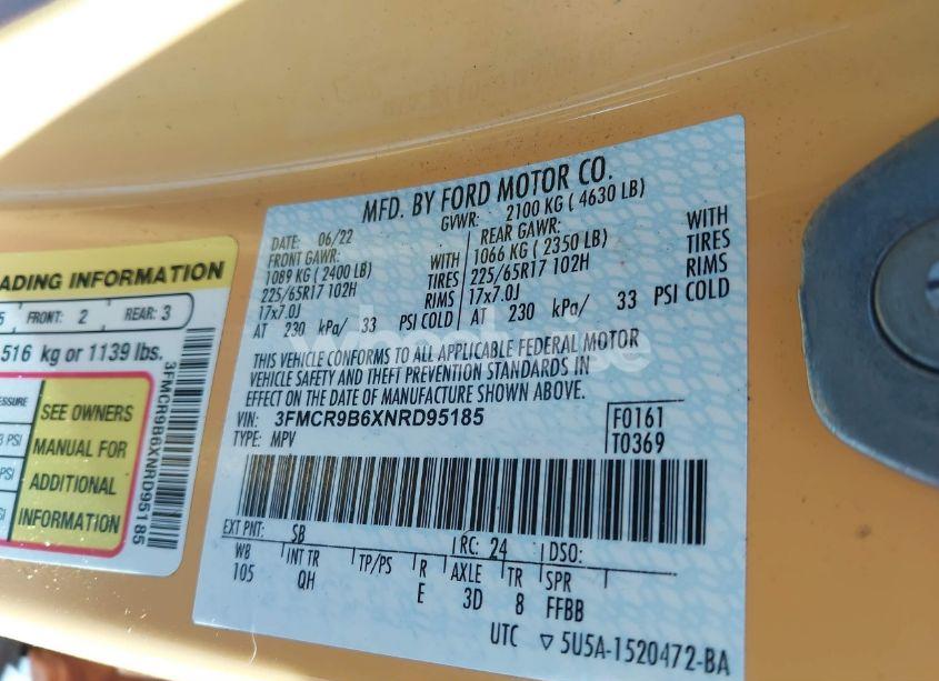 Photo 9 of 2022 Ford Bronco SPORT BIG BEND (VIN 3FMCR9B6XNRD95185)