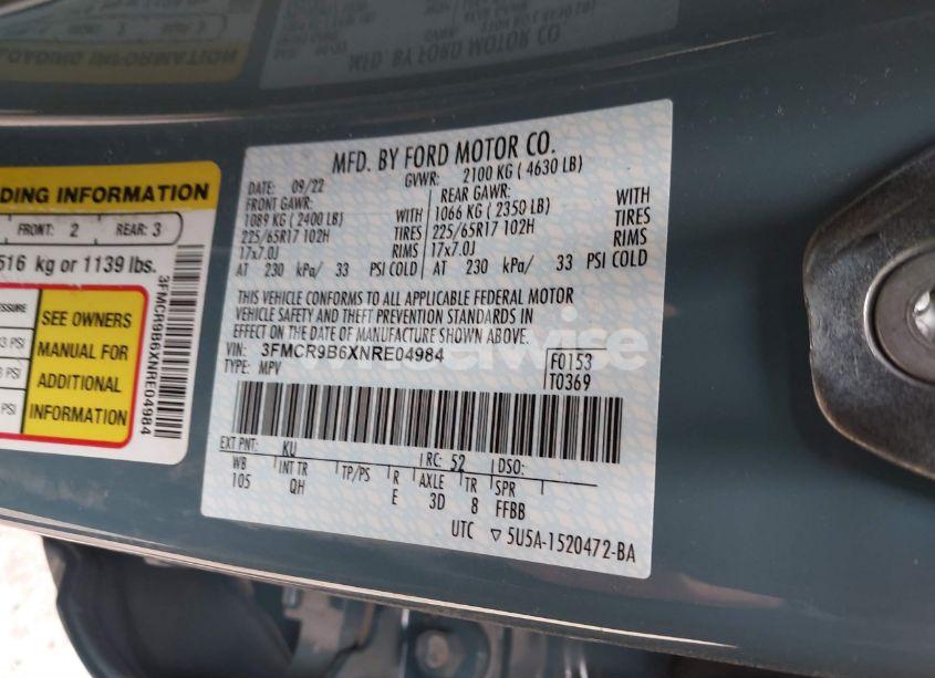 Photo 9 of 2022 Ford Bronco SPORT BIG BEND (VIN 3FMCR9B6XNRE04984)