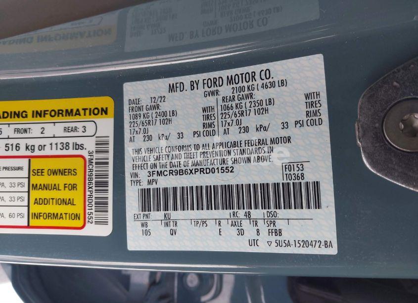 Photo 9 of 2023 Ford Bronco SPORT BIG BEND (VIN 3FMCR9B6XPRD01552)