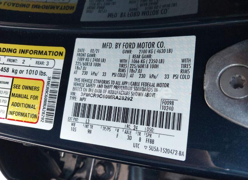 Photo 9 of 2021 Ford Bronco SPORT OUTER BANKS (VIN 3FMCR9C60MRA28292)