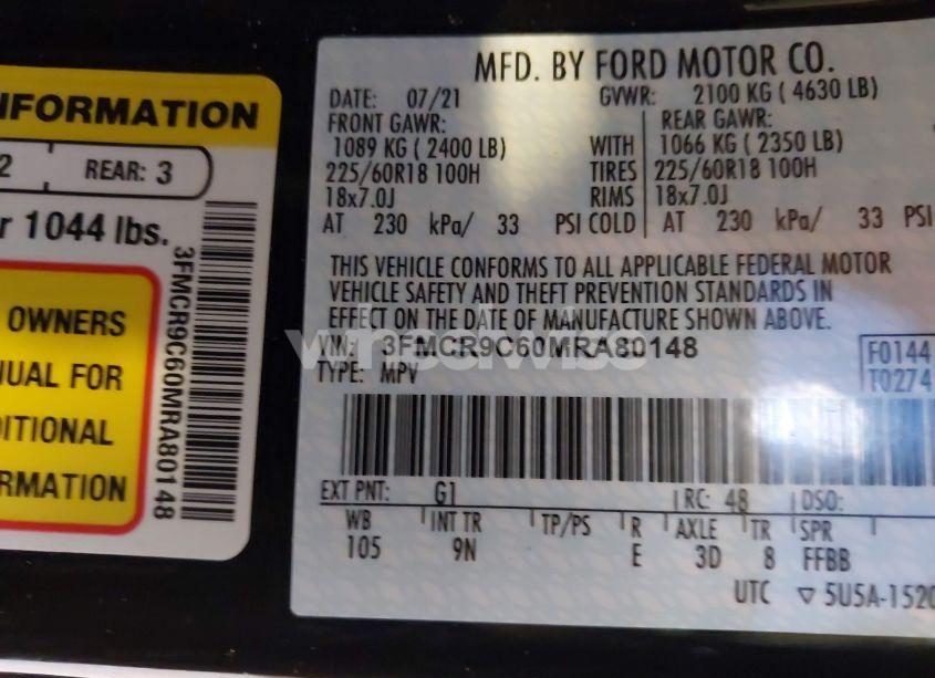 Photo 9 of 2021 Ford Bronco SPORT OUTER BANKS (VIN 3FMCR9C60MRA80148)