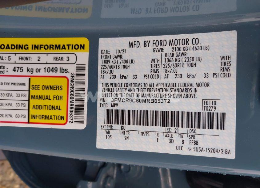 Photo 9 of 2021 Ford Bronco SPORT OUTER BANKS (VIN 3FMCR9C60MRB05372)