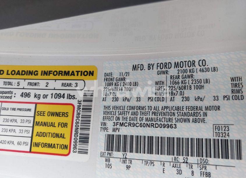 Photo 9 of 2022 Ford Bronco SPORT OUTER BANKS (VIN 3FMCR9C60NRD09963)