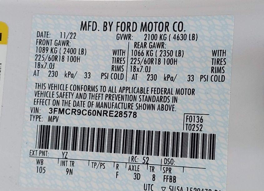 Photo 9 of 2022 Ford Bronco SPORT OUTER BANKS (VIN 3FMCR9C60NRE28578)