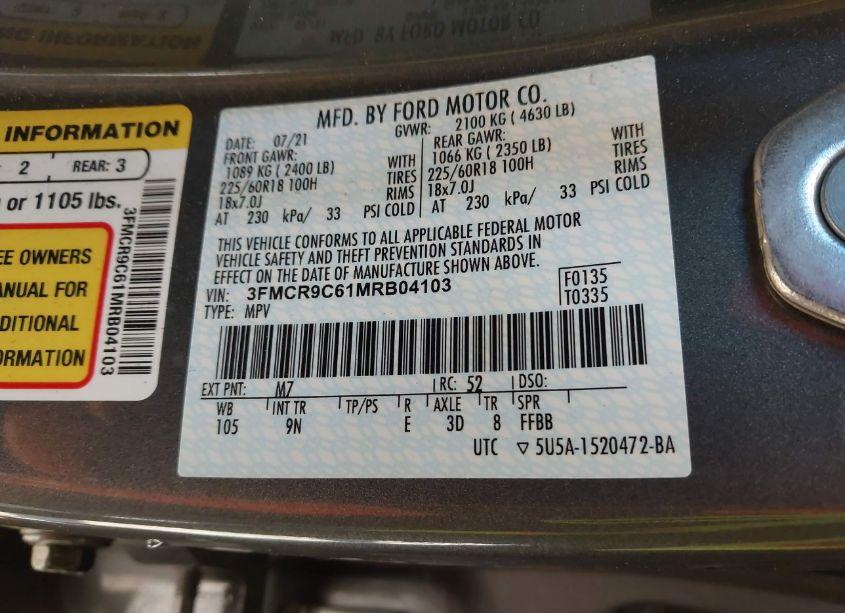 Photo 9 of 2021 Ford Bronco SPORT OUTER BANKS (VIN 3FMCR9C61MRB04103)