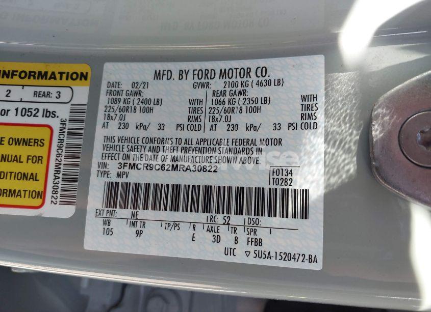 Photo 9 of 2021 Ford Bronco SPORT OUTER BANKS (VIN 3FMCR9C62MRA30822)