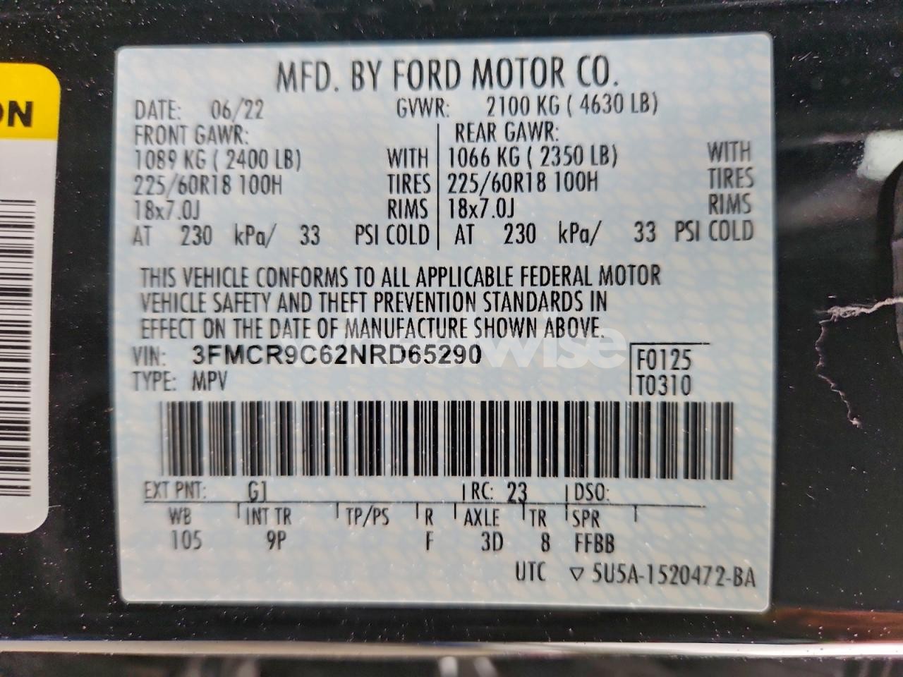 Photo 13 of 2022 FORD BRONCO SPORT OUTER BANKS (VIN 3FMCR9C62NRD65290)