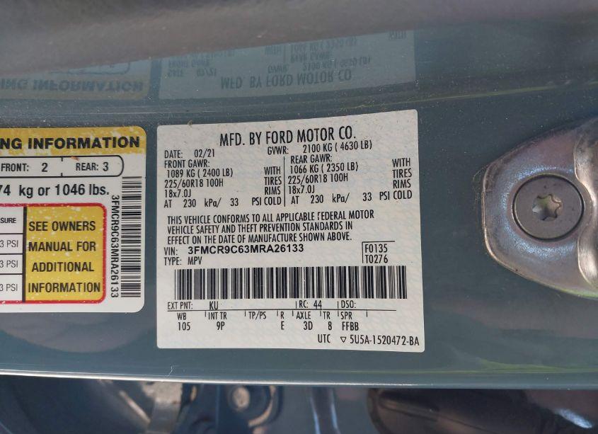 Photo 9 of 2021 Ford Bronco SPORT OUTER BANKS (VIN 3FMCR9C63MRA26133)