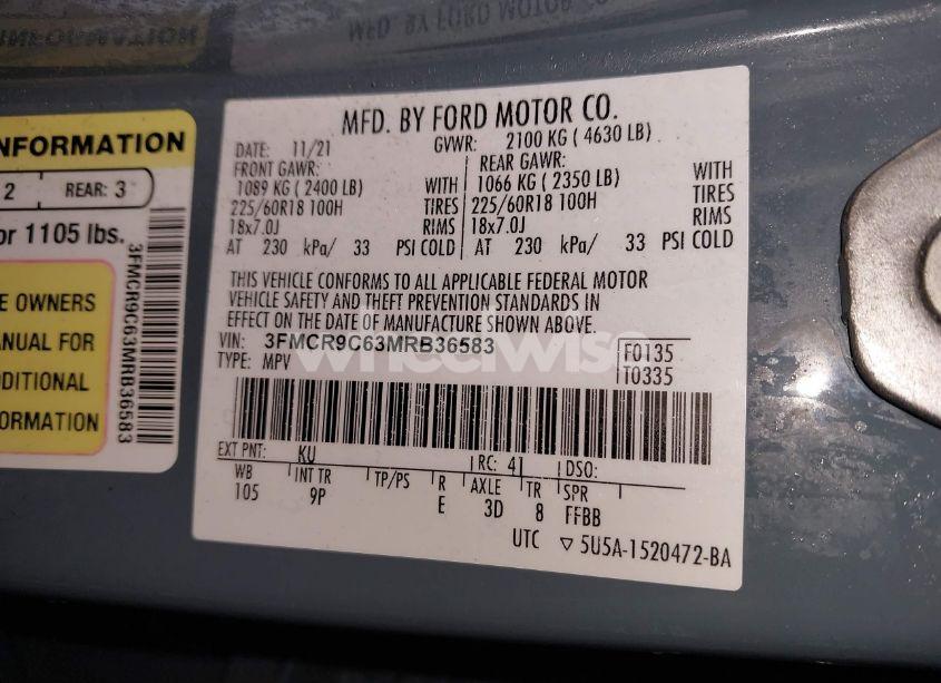 Photo 9 of 2021 Ford Bronco SPORT OUTER BANKS (VIN 3FMCR9C63MRB36583)