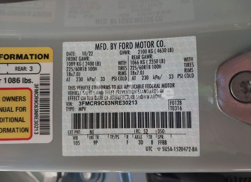 Photo 9 of 2022 Ford Bronco SPORT OUTER BANKS (VIN 3FMCR9C63NRE30213)