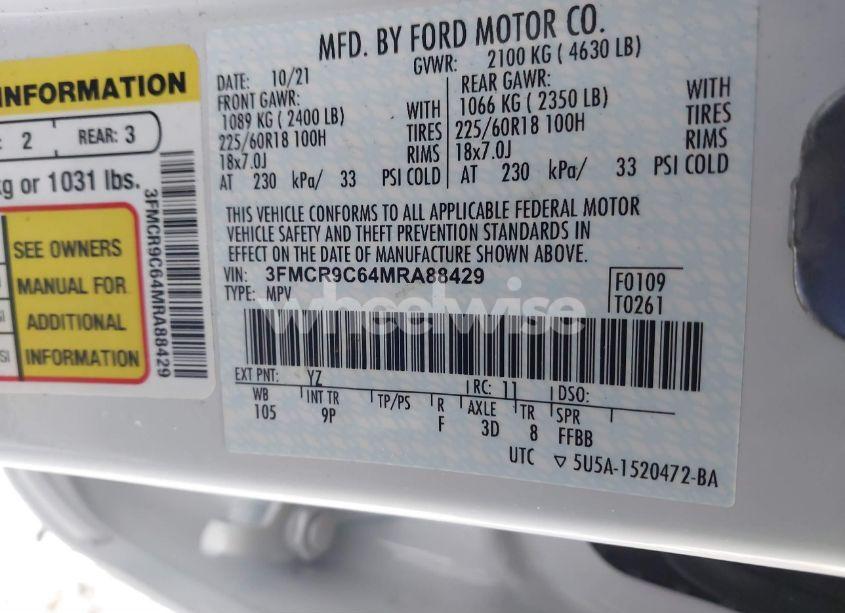 Photo 9 of 2021 Ford Bronco SPORT OUTER BANKS (VIN 3FMCR9C64MRA88429)