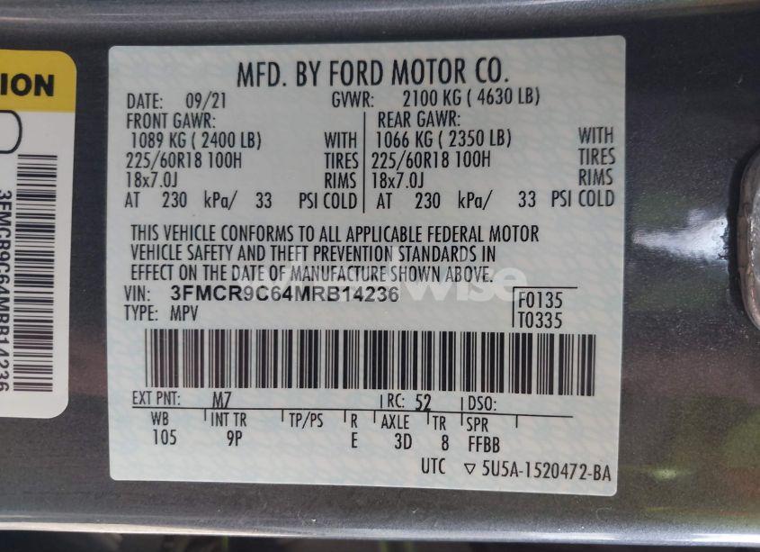 Photo 9 of 2021 Ford Bronco SPORT OUTER BANKS (VIN 3FMCR9C64MRB14236)