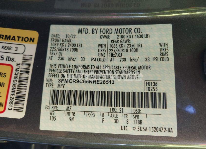 Photo 9 of 2022 Ford Bronco SPORT OUTER BANKS (VIN 3FMCR9C65NRE28513)