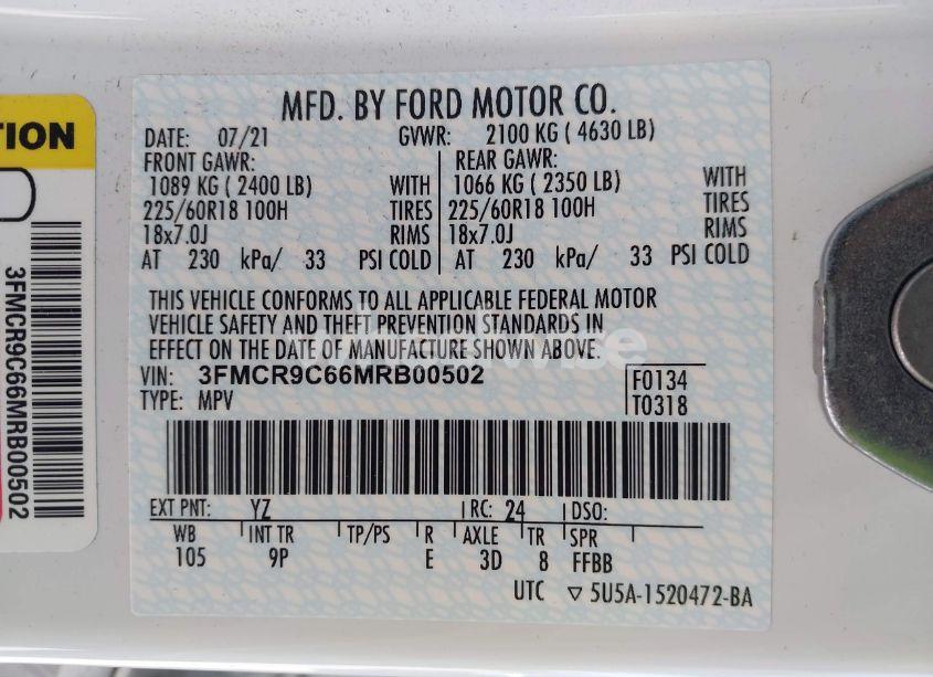 Photo 9 of 2021 Ford Bronco SPORT OUTER BANKS (VIN 3FMCR9C66MRB00502)