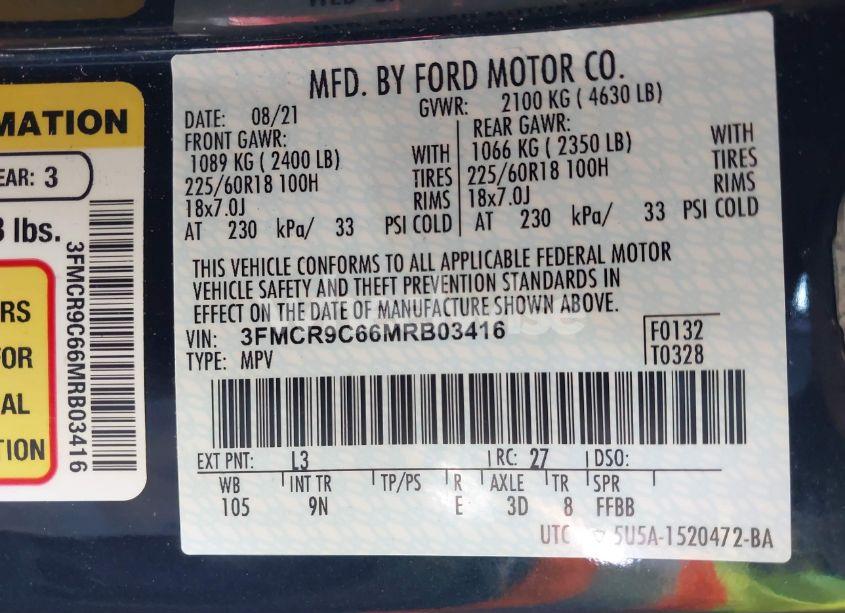 Photo 9 of 2021 Ford Bronco SPORT OUTER BANKS (VIN 3FMCR9C66MRB03416)