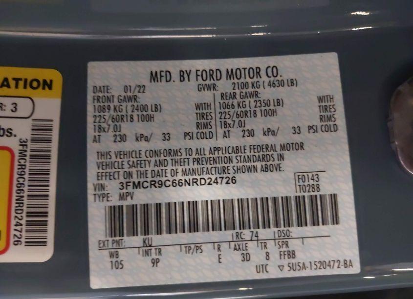 Photo 9 of 2022 Ford Bronco SPORT OUTER BANKS (VIN 3FMCR9C66NRD24726)