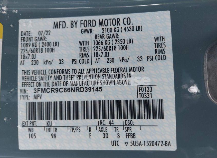 Photo 9 of 2022 Ford Bronco SPORT OUTER BANKS (VIN 3FMCR9C66NRD39145)