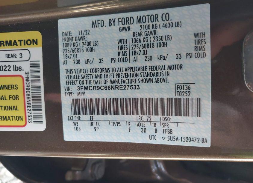 Photo 9 of 2022 Ford Bronco SPORT OUTER BANKS (VIN 3FMCR9C66NRE27533)