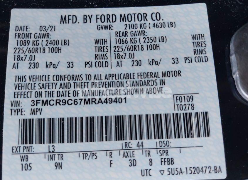 Photo 9 of 2021 Ford Bronco SPORT OUTER BANKS (VIN 3FMCR9C67MRA49401)