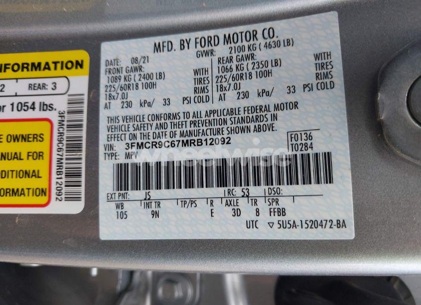 Photo 9 of 2021 Ford Bronco SPORT OUTER BANKS (VIN 3FMCR9C67MRB12092)