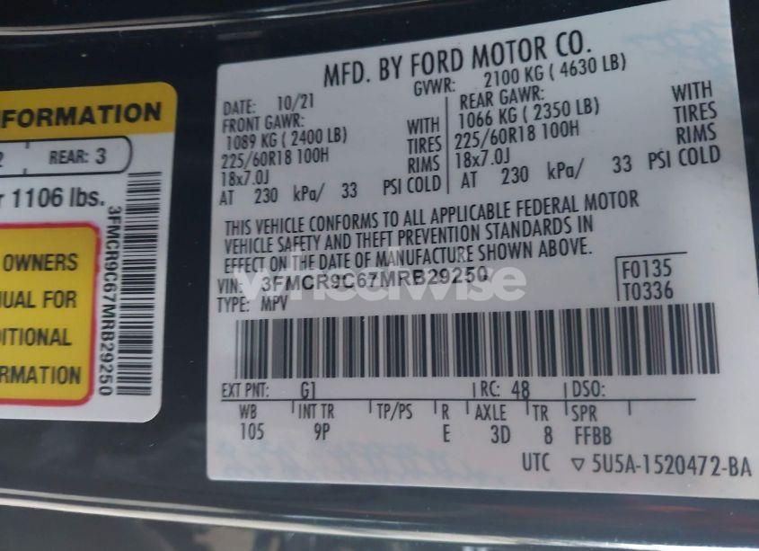 Photo 9 of 2021 Ford Bronco SPORT OUTER BANKS (VIN 3FMCR9C67MRB29250)