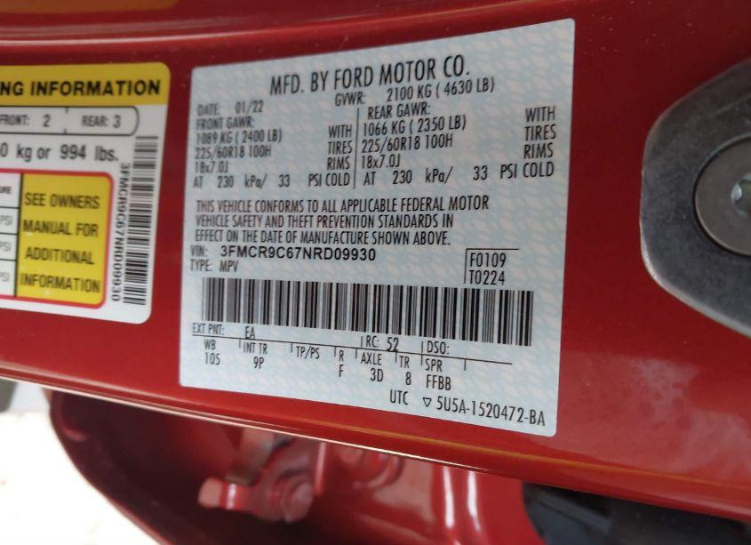 Photo 9 of 2022 Ford Bronco SPORT OUTER BANKS (VIN 3FMCR9C67NRD09930)