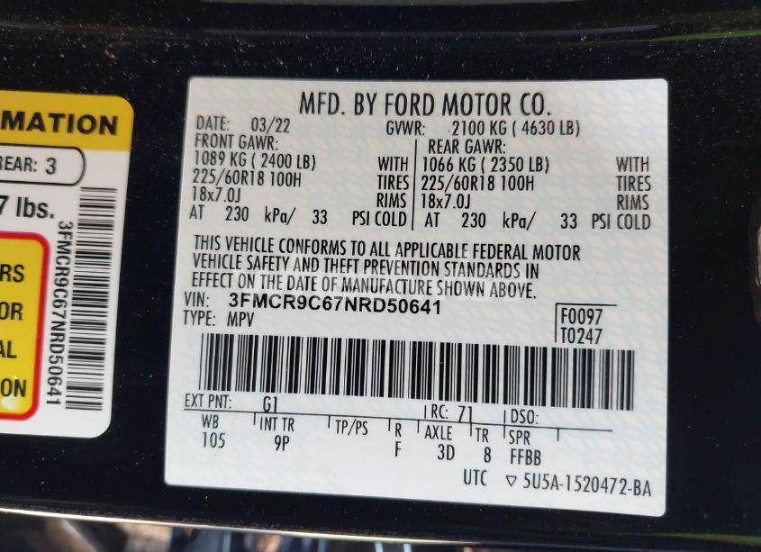 Photo 9 of 2022 Ford Bronco SPORT OUTER BANKS (VIN 3FMCR9C67NRD50641)