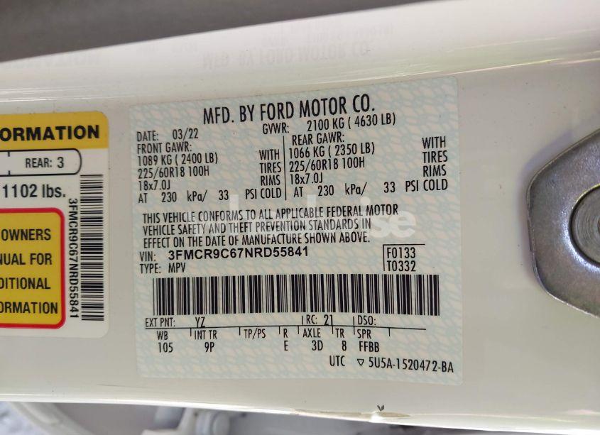 Photo 9 of 2022 Ford Bronco SPORT OUTER BANKS (VIN 3FMCR9C67NRD55841)