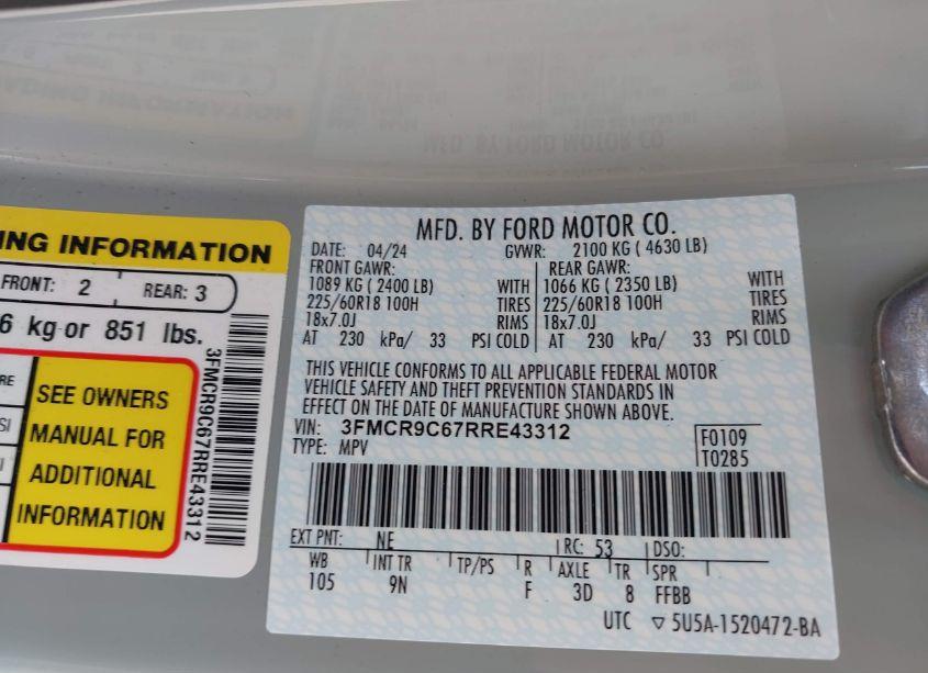 Photo 9 of 2024 Ford Bronco SPORT OUTER BANKS (VIN 3FMCR9C67RRE43312)