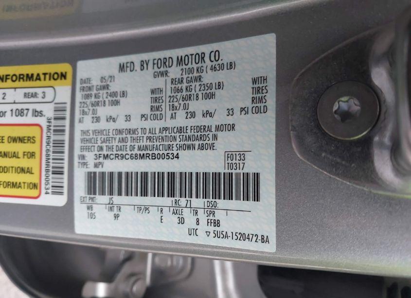 Photo 9 of 2021 Ford Bronco SPORT OUTER BANKS (VIN 3FMCR9C68MRB00534)