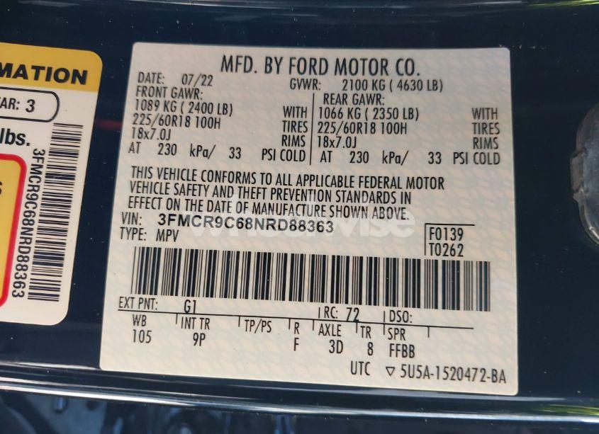 Photo 9 of 2022 Ford Bronco SPORT OUTER BANKS (VIN 3FMCR9C68NRD88363)