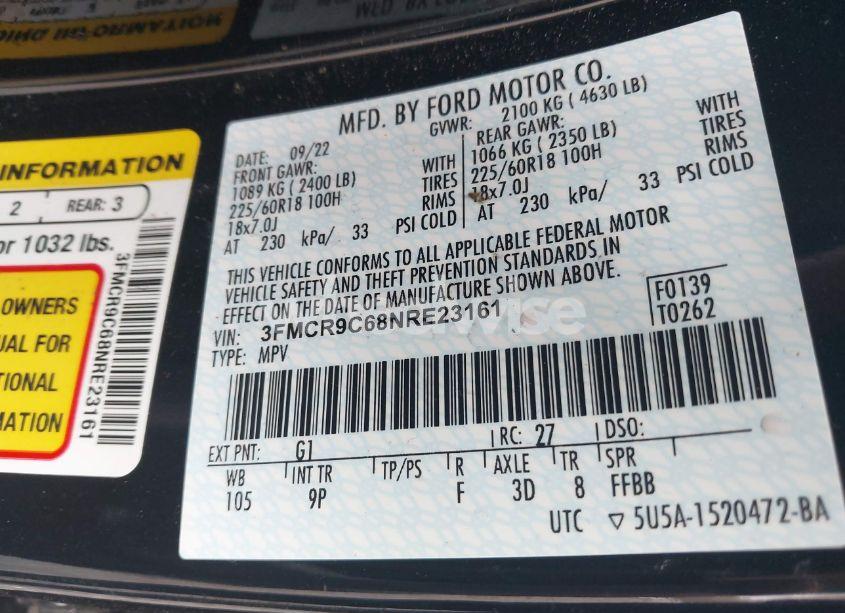 Photo 9 of 2022 Ford Bronco SPORT OUTER BANKS (VIN 3FMCR9C68NRE23161)