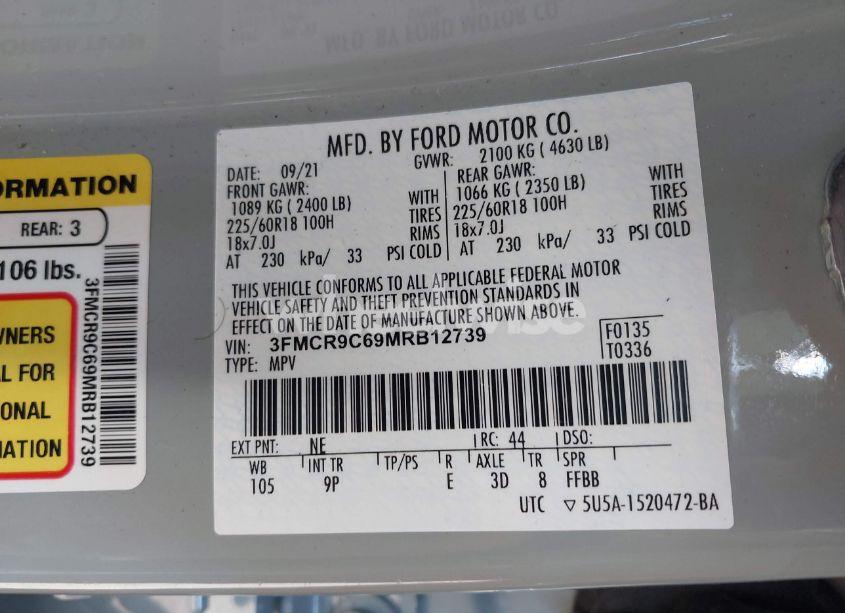 Photo 9 of 2021 Ford Bronco SPORT OUTER BANKS (VIN 3FMCR9C69MRB12739)